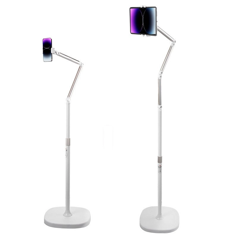 Tablet Floor Stand with Weighted Base, Dual Articulated Arm Adjustable Floor Tablet Holder for Live Streaming, Reading & Bedroom
